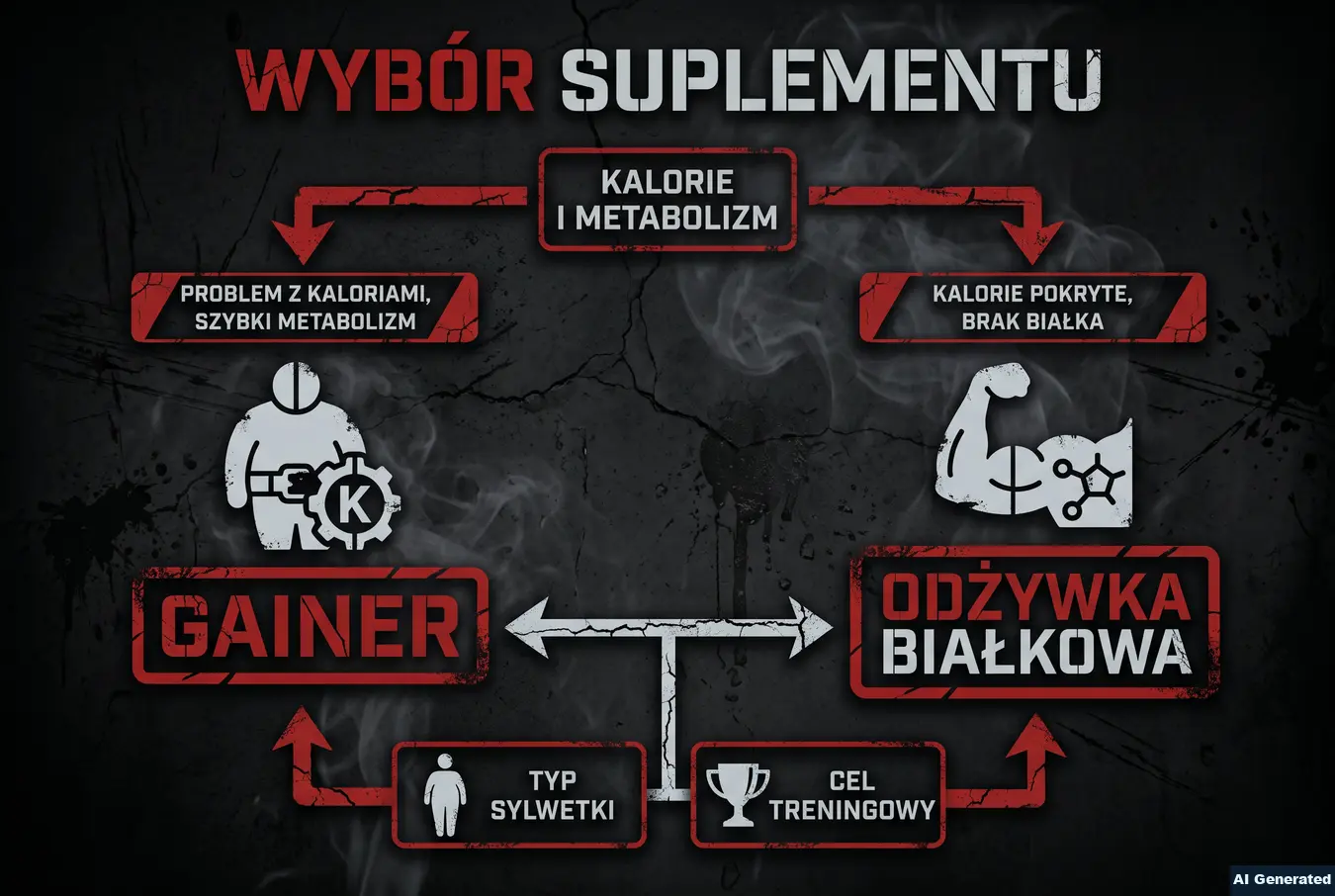 Drzewo decyzyjne wyboru między gainerem a białkiem.