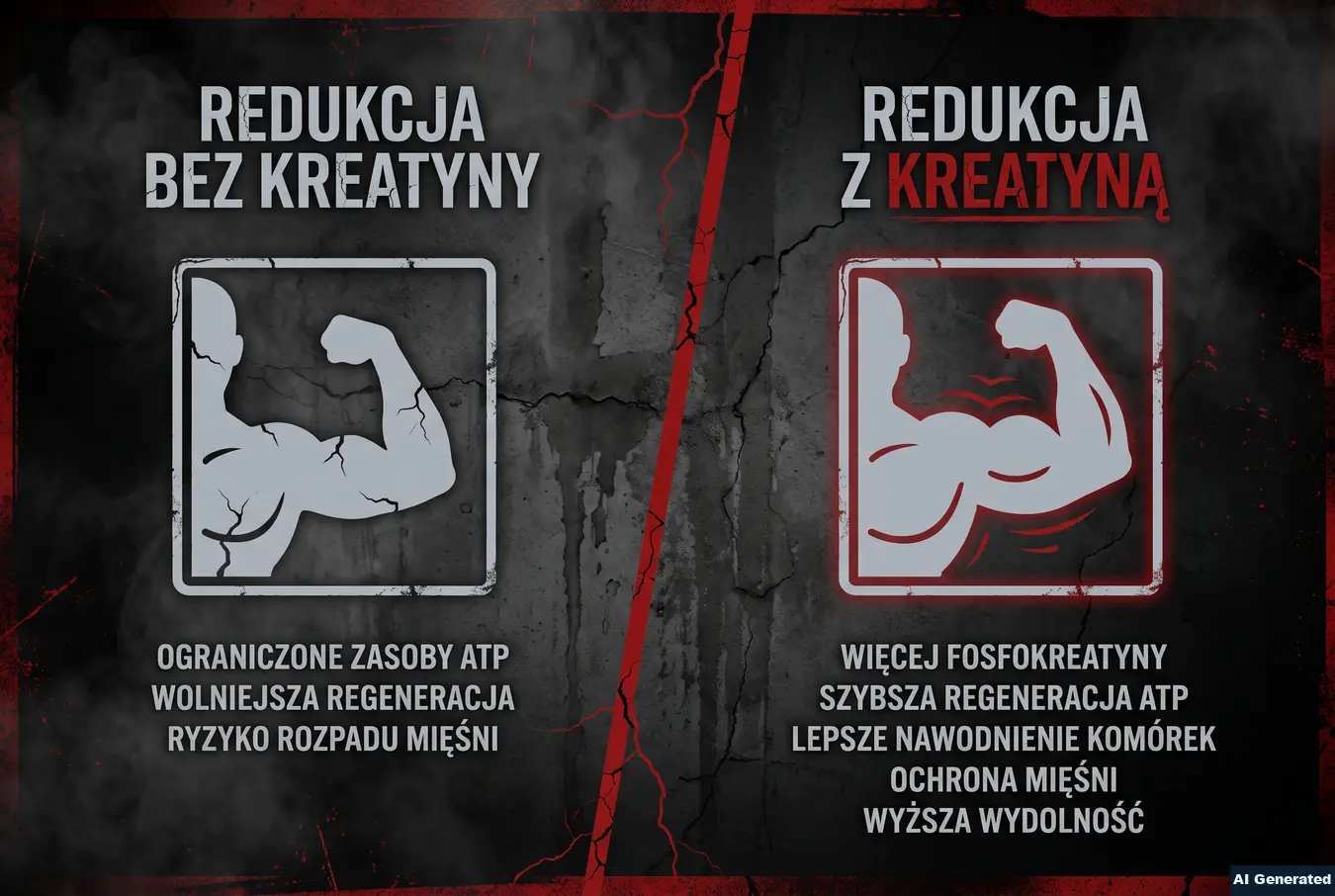 Porównanie mięśni podczas redukcji bez kreatyny i z kreatyną.