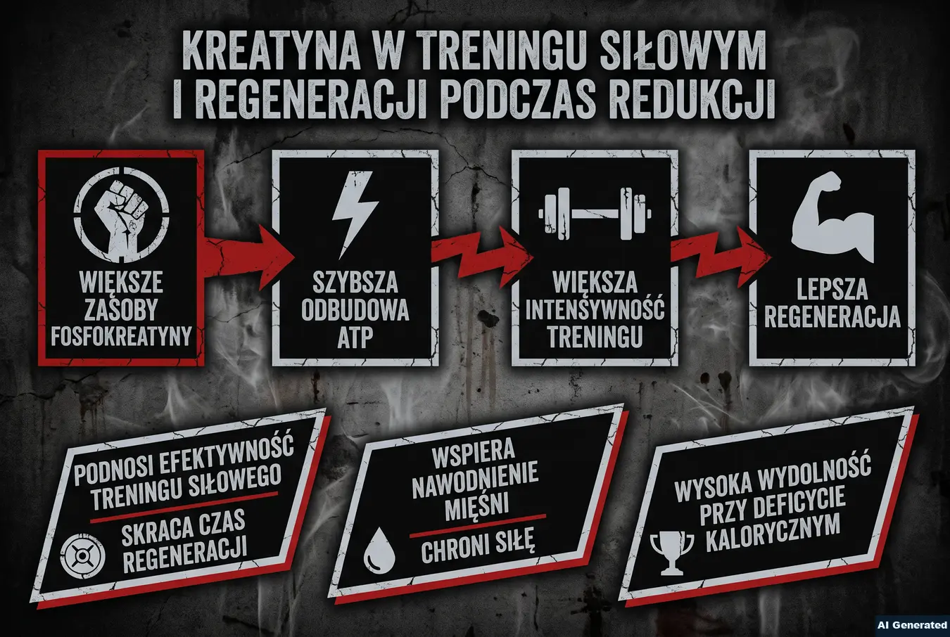 Schemat działania kreatyny w treningu i regeneracji.