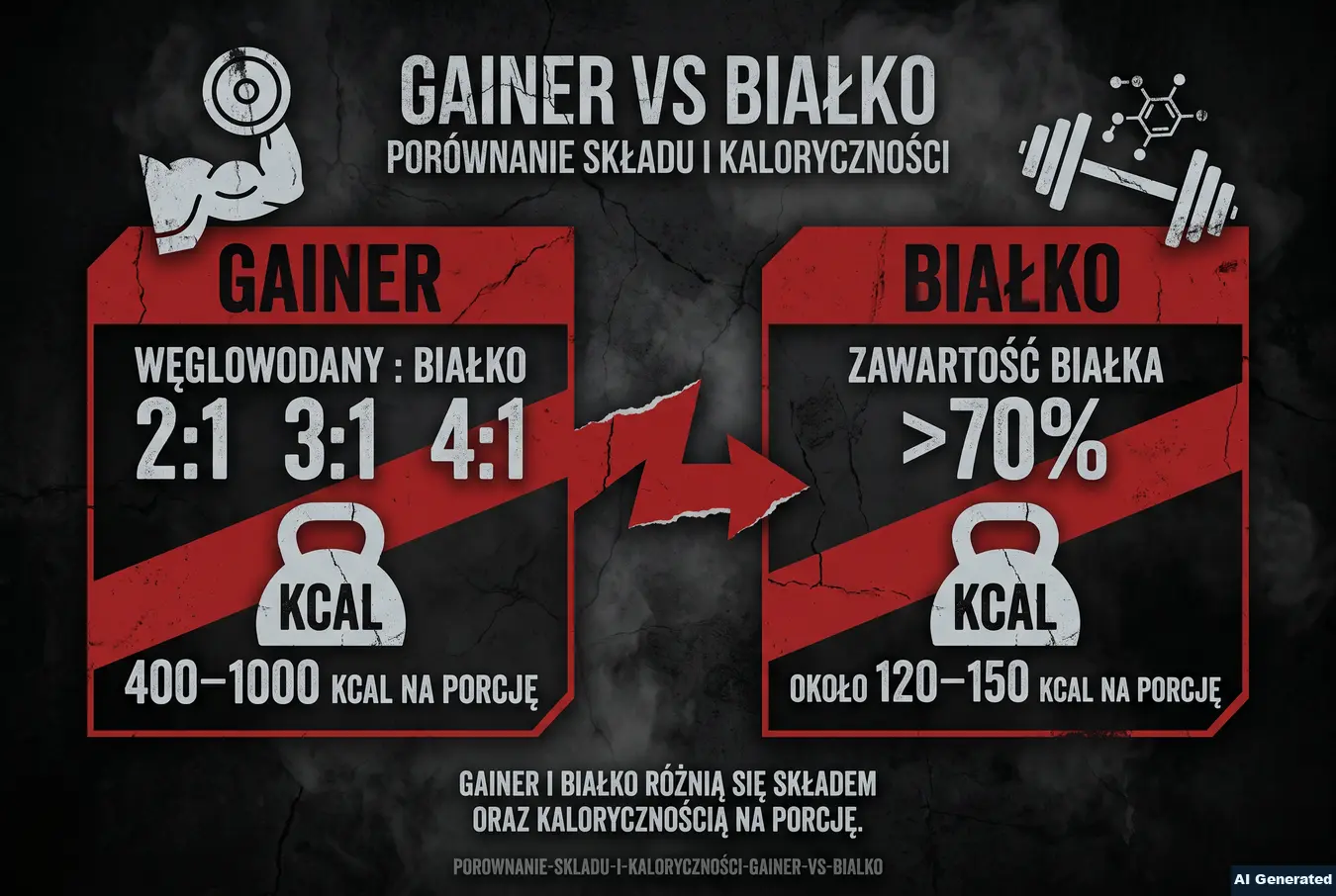 Porównanie składu i kaloryczności gainera oraz białka.