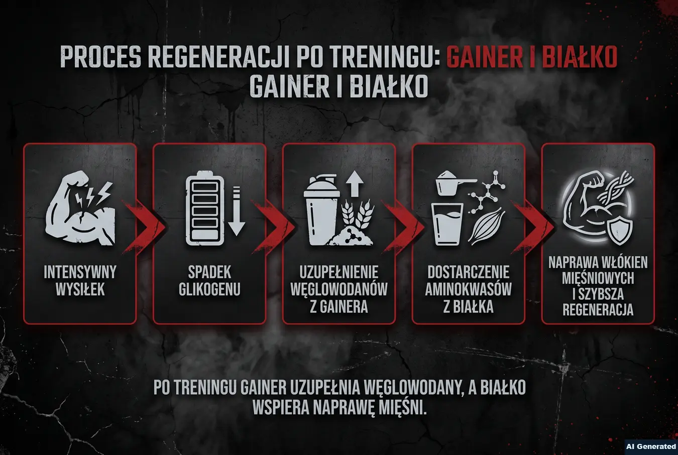 Proces regeneracji po treningu z udziałem gainera i białka.
