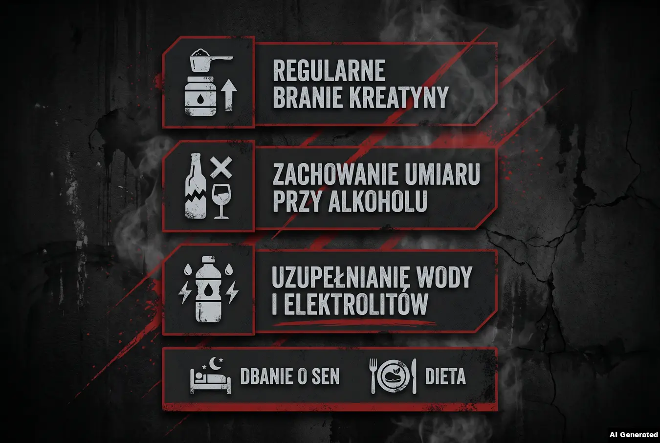 Checklista dla sportowców: kreatyna, alkohol, nawodnienie, sen i dieta.