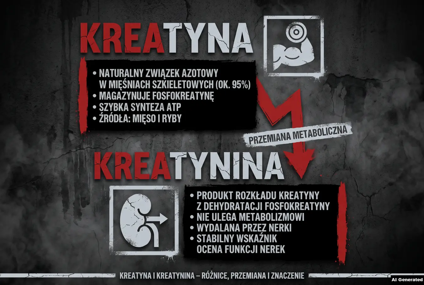 Schemat pokazujący różnicę między kreatyną a kreatyniną oraz ich związek z mięśniami i nerkami.