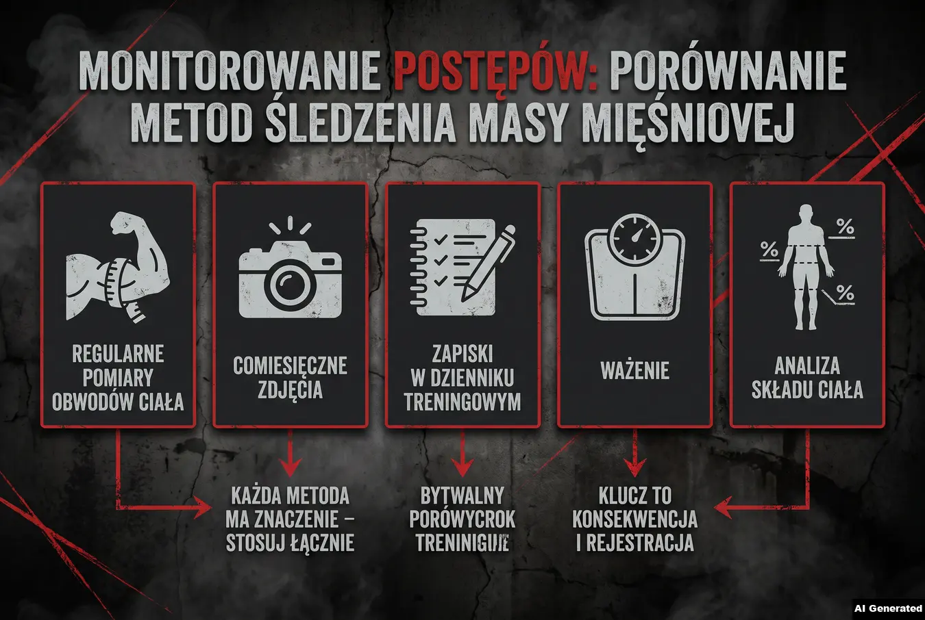 Porównanie metod monitorowania postępów: pomiary obwodów ciała, comiesięczne zdjęcia, dziennik treningowy, ważenie i analiza składu ciała.