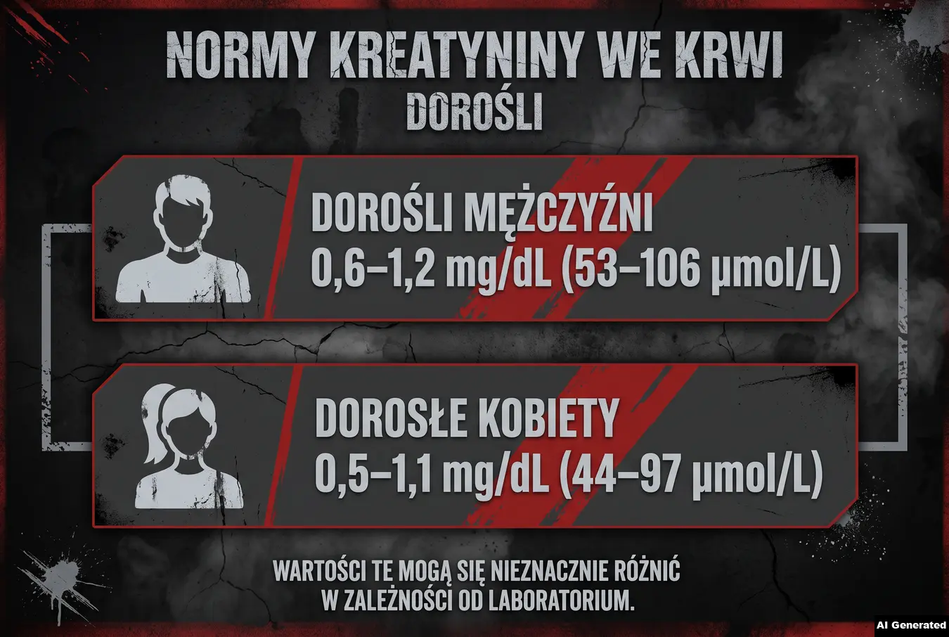 Tabela norm kreatyniny we krwi dla dorosłych mężczyzn i kobiet.