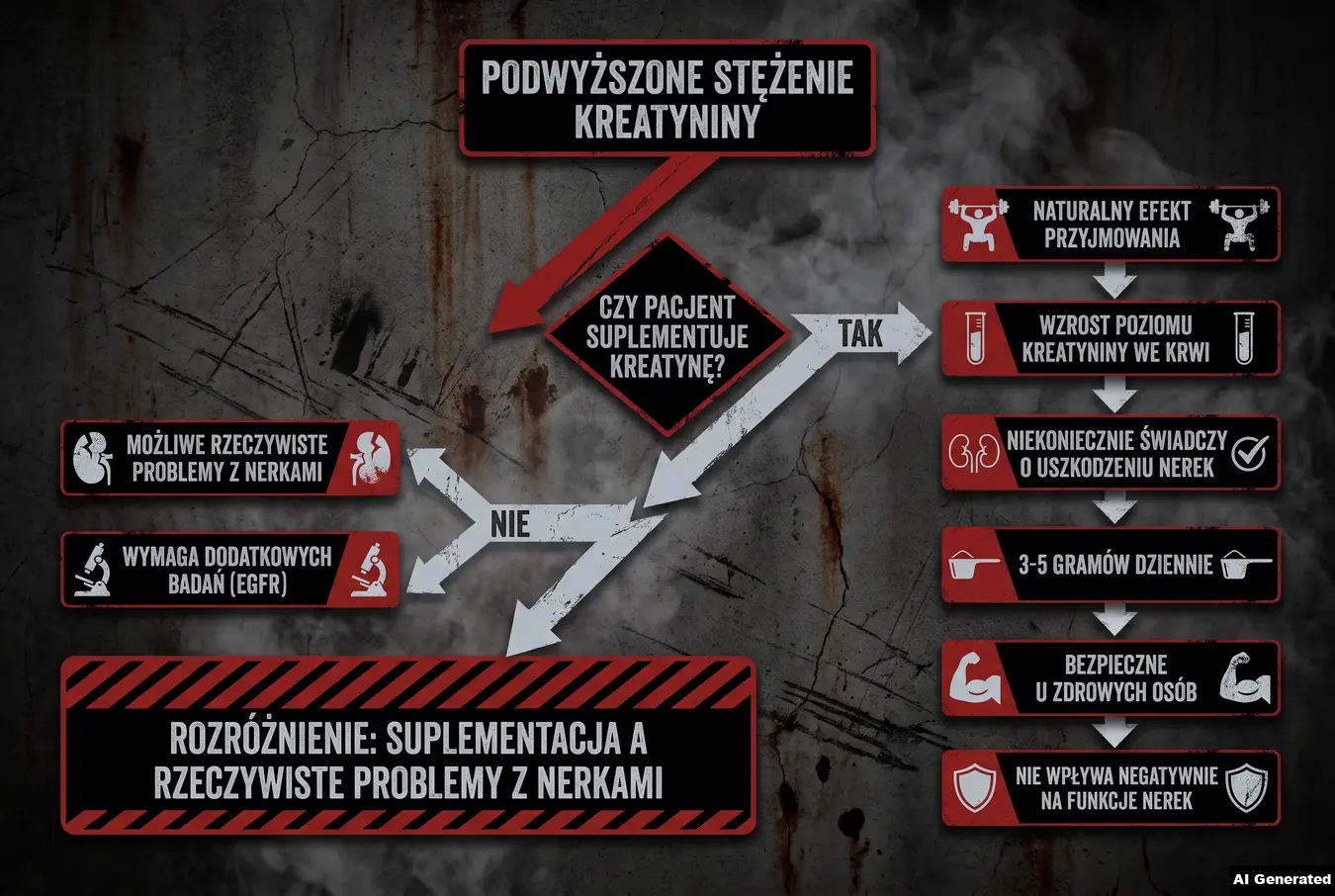 Drzewo decyzyjne pokazujące, kiedy podwyższona kreatynina wynika z suplementacji, a kiedy z problemów nerkowych.